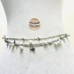 Silver pearl beaded waist chain belt with seashell charms and adjustable length